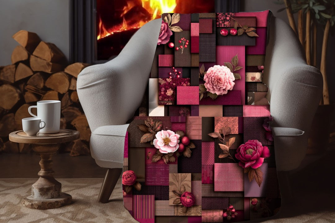 Burgundy Floral Patchwork Sherpa Throw Blanket