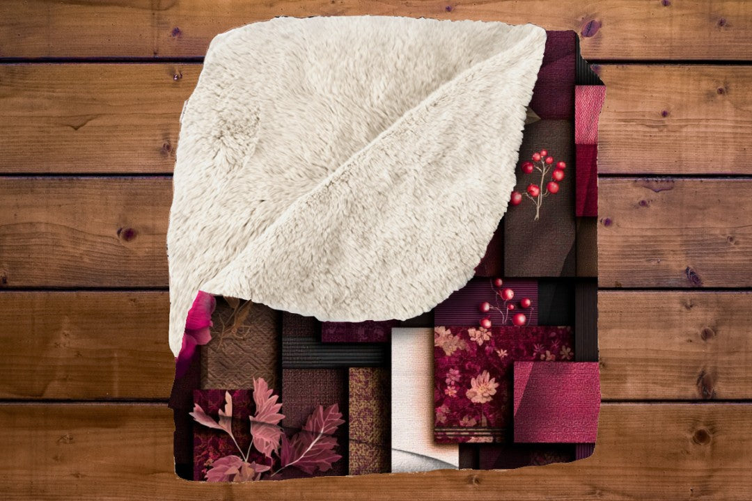 Burgundy Floral Patchwork Sherpa Throw Blanket