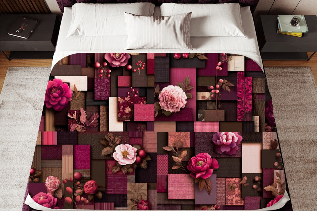 Burgundy Floral Patchwork Sherpa Throw Blanket