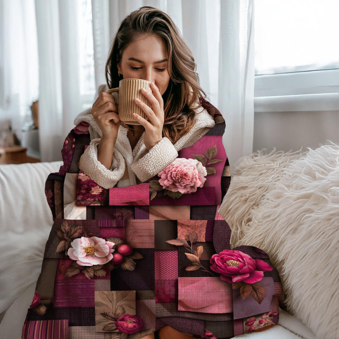 Burgundy Floral Patchwork Sherpa Throw Blanket