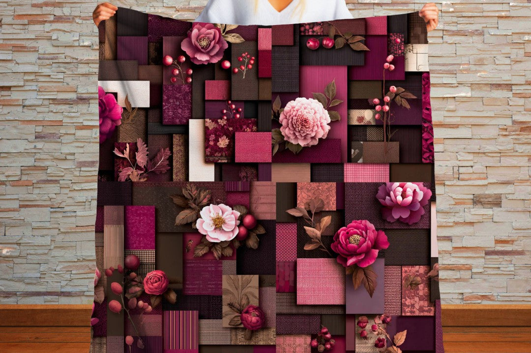 Burgundy Floral Patchwork Sherpa Throw Blanket