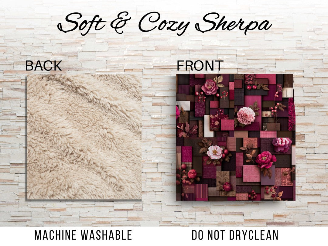 Burgundy Floral Patchwork Sherpa Throw Blanket