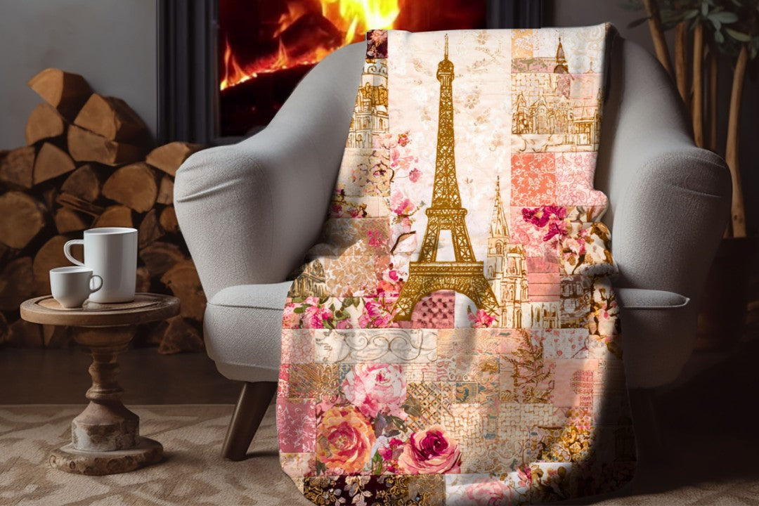 Paris Floral Patchwork Sherpa Throw Blanket