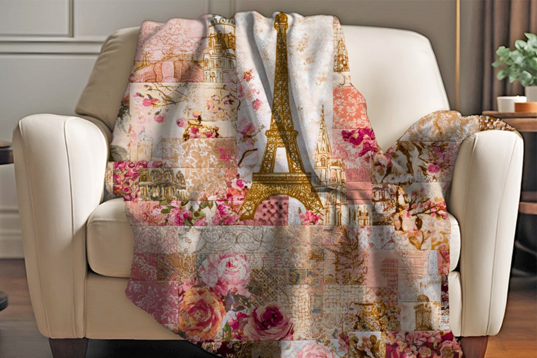 Paris Floral Patchwork Sherpa Throw Blanket