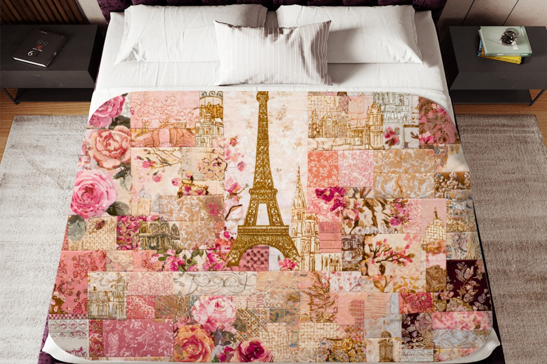 Paris Floral Patchwork Sherpa Throw Blanket