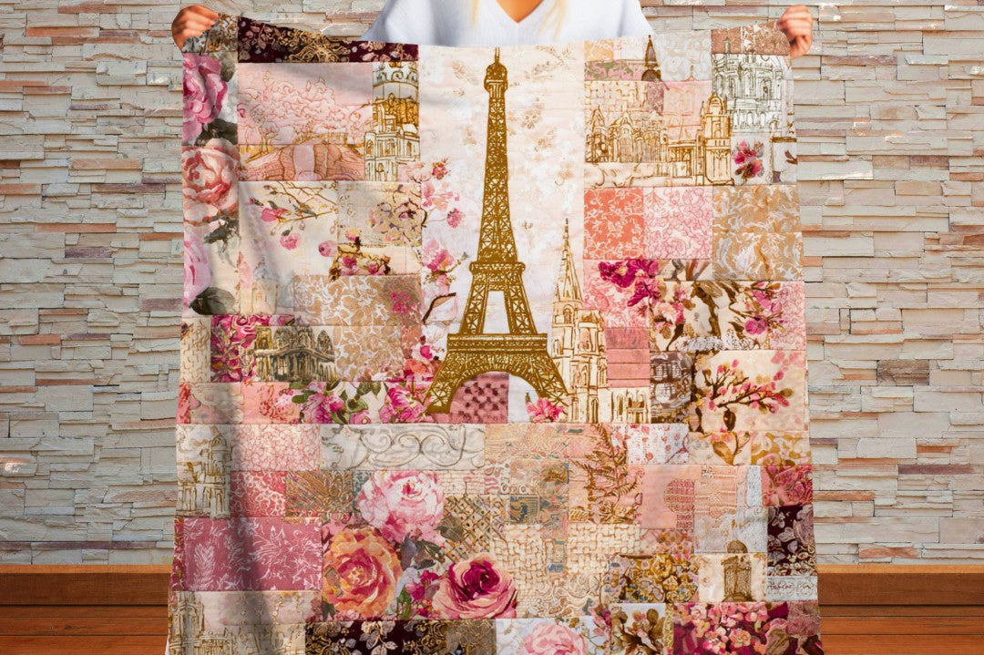 Paris Floral Patchwork Sherpa Throw Blanket