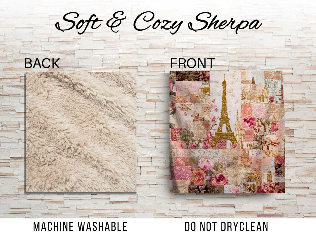 Paris Floral Patchwork Sherpa Throw Blanket