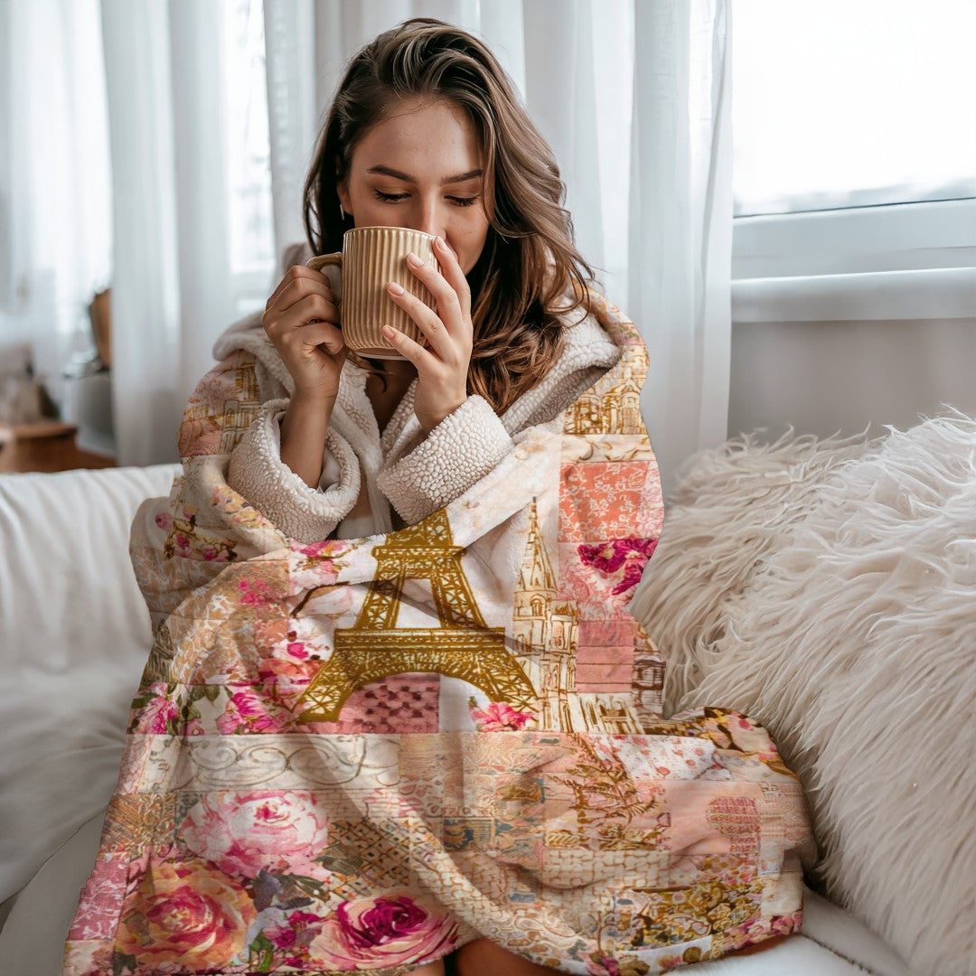 Paris Floral Patchwork Sherpa Throw Blanket