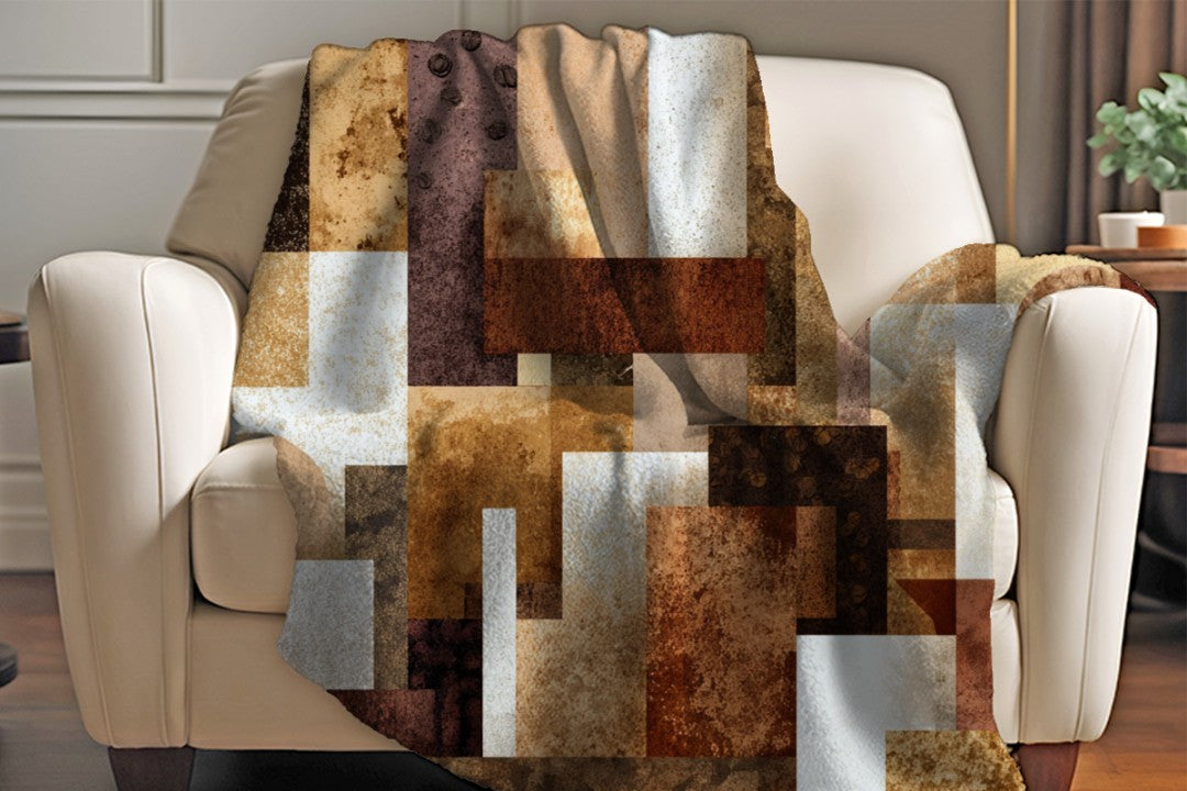 Neutral Abstract Patchwork Sherpa Throw Blanket