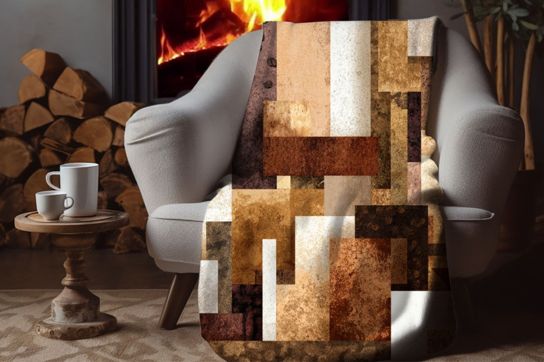 Neutral Abstract Patchwork Sherpa Throw Blanket
