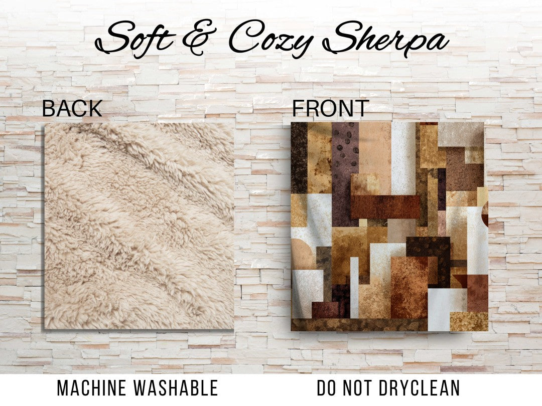 Neutral Abstract Patchwork Sherpa Throw Blanket