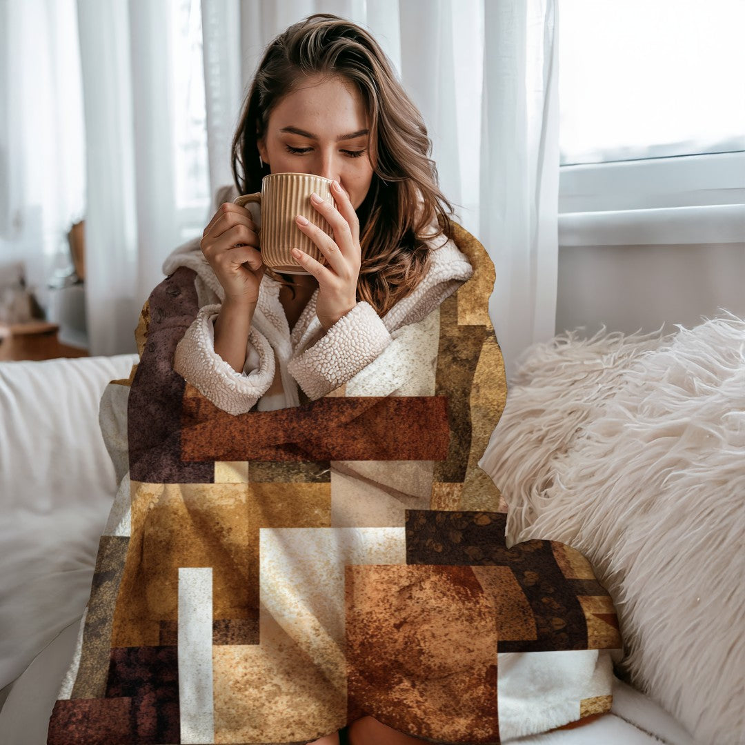 Neutral Abstract Patchwork Sherpa Throw Blanket