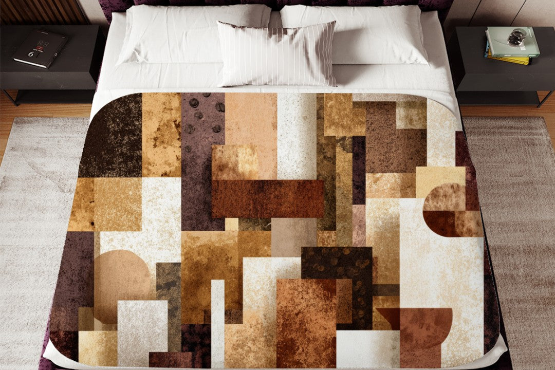 Neutral Abstract Patchwork Sherpa Throw Blanket