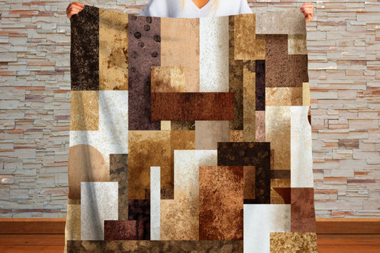 Neutral Abstract Patchwork Sherpa Throw Blanket