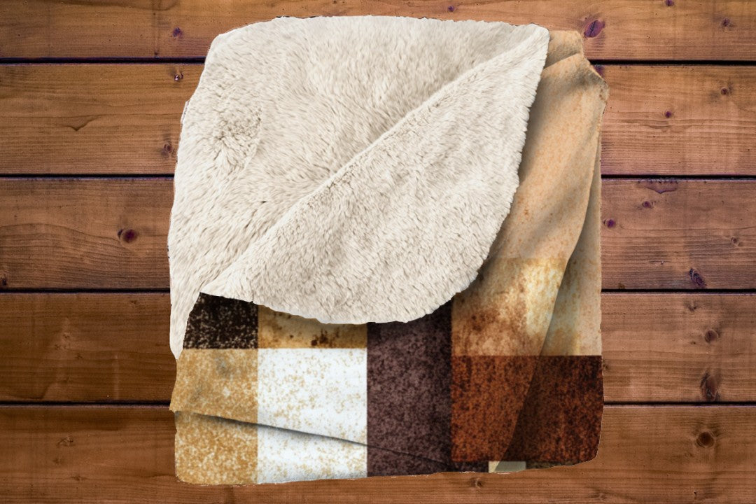 Neutral Abstract Patchwork Sherpa Throw Blanket