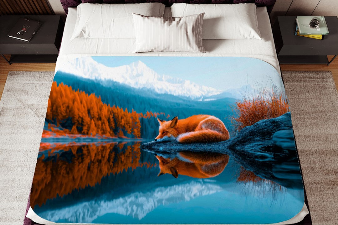Sleeping Fox Lake Sherpa Blanket Serene Nature Cozy Throw