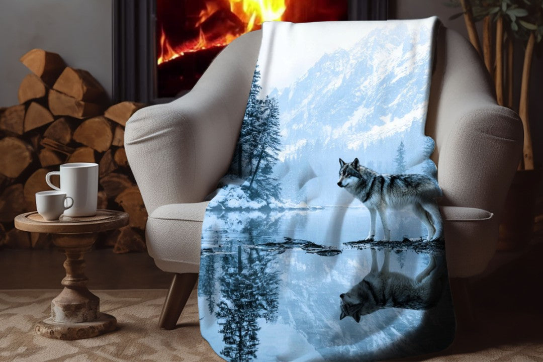 Winter Wolf Sherpa Blanket Snowy Forest Wildlife Cozy Throw