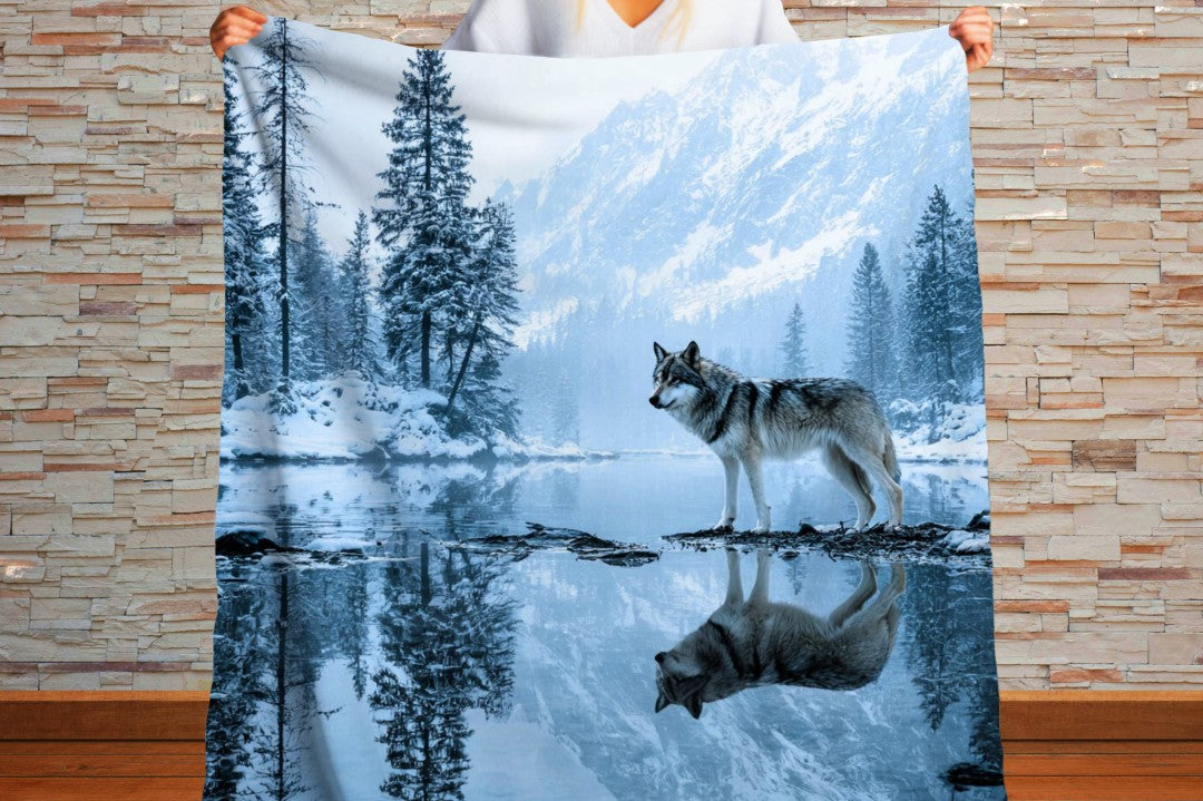 Winter Wolf Sherpa Blanket Snowy Forest Wildlife Cozy Throw