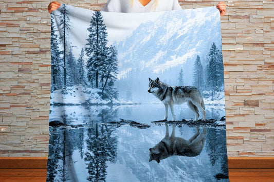 Winter Wolf Sherpa Blanket Snowy Forest Wildlife Cozy Throw