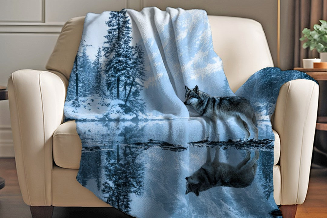 Winter Wolf Sherpa Blanket Snowy Forest Wildlife Cozy Throw