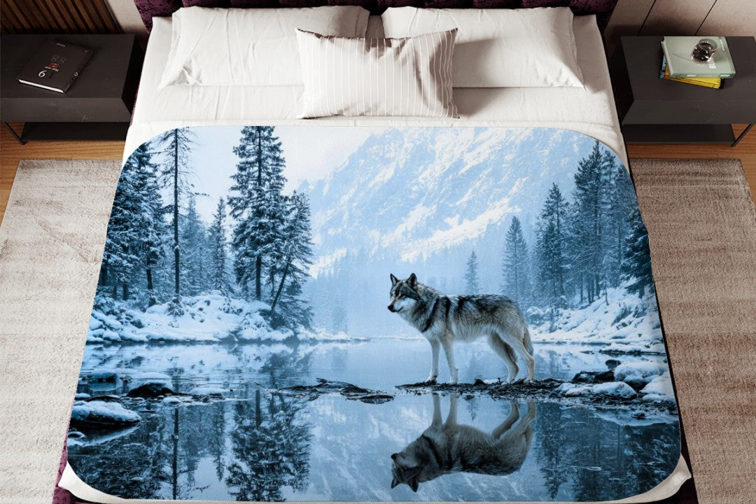 Winter Wolf Sherpa Blanket Snowy Forest Wildlife Cozy Throw