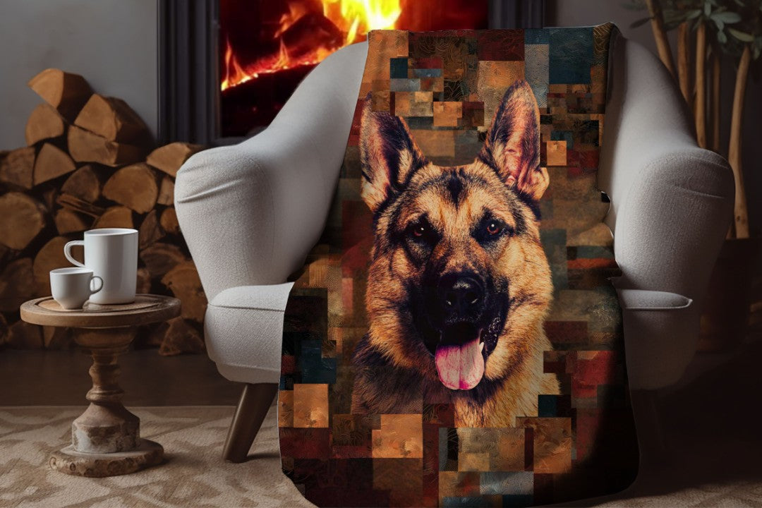 German Shepherd Art Sherpa Blanket Modern Dog Portrait Cozy Throw