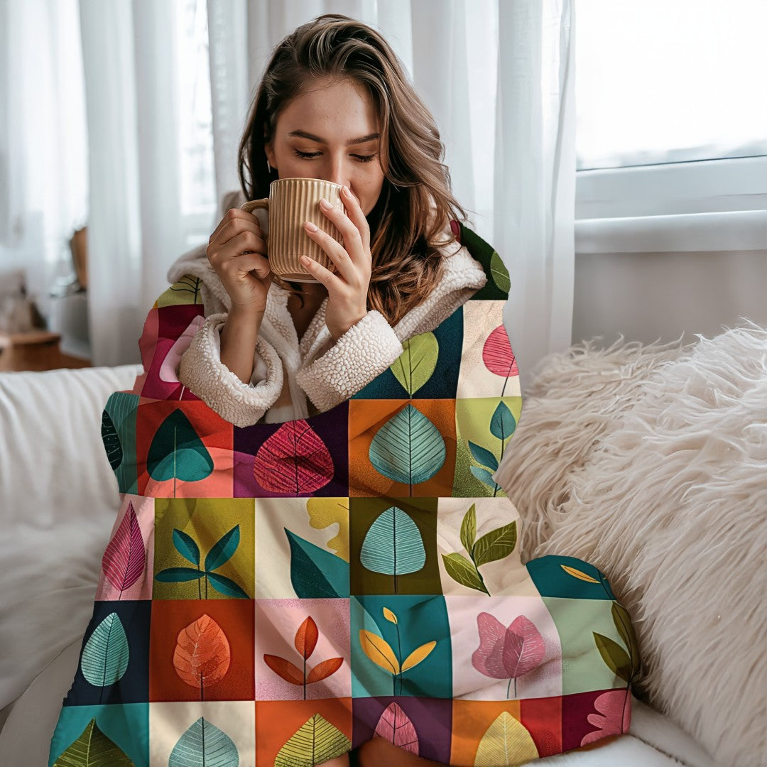 Colorful Leaf Sherpa Blanket, Modern Botanical Throw, Mid Century Cozy Blanket, Abstract Nature Decor