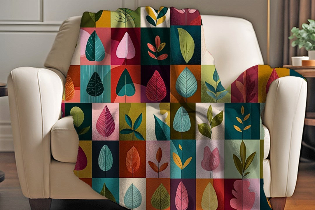 Colorful Leaf Sherpa Blanket, Modern Botanical Throw, Mid Century Cozy Blanket, Abstract Nature Decor