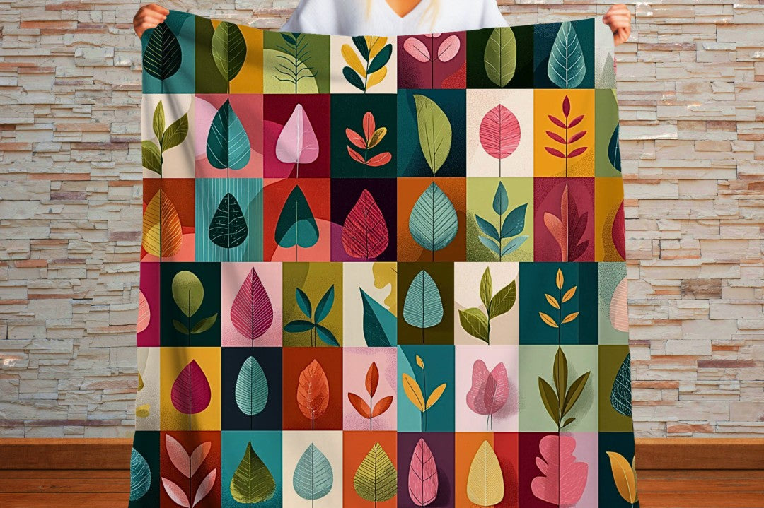 Colorful Leaf Sherpa Blanket, Modern Botanical Throw, Mid Century Cozy Blanket, Abstract Nature Decor