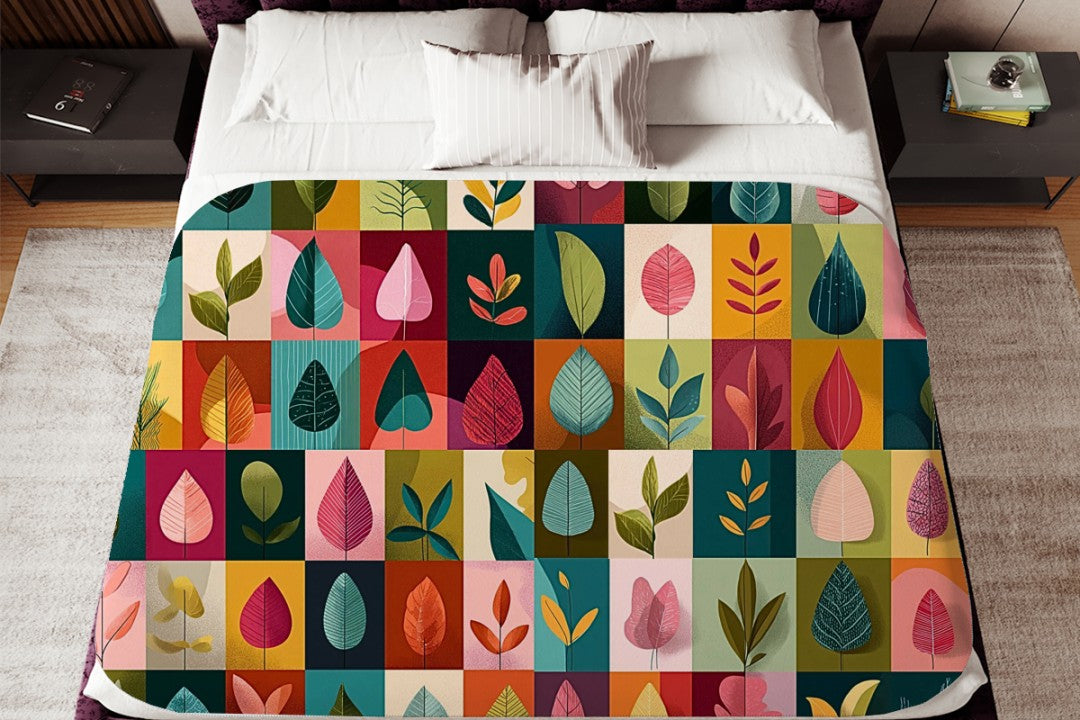 Colorful Leaf Sherpa Blanket, Modern Botanical Throw, Mid Century Cozy Blanket, Abstract Nature Decor