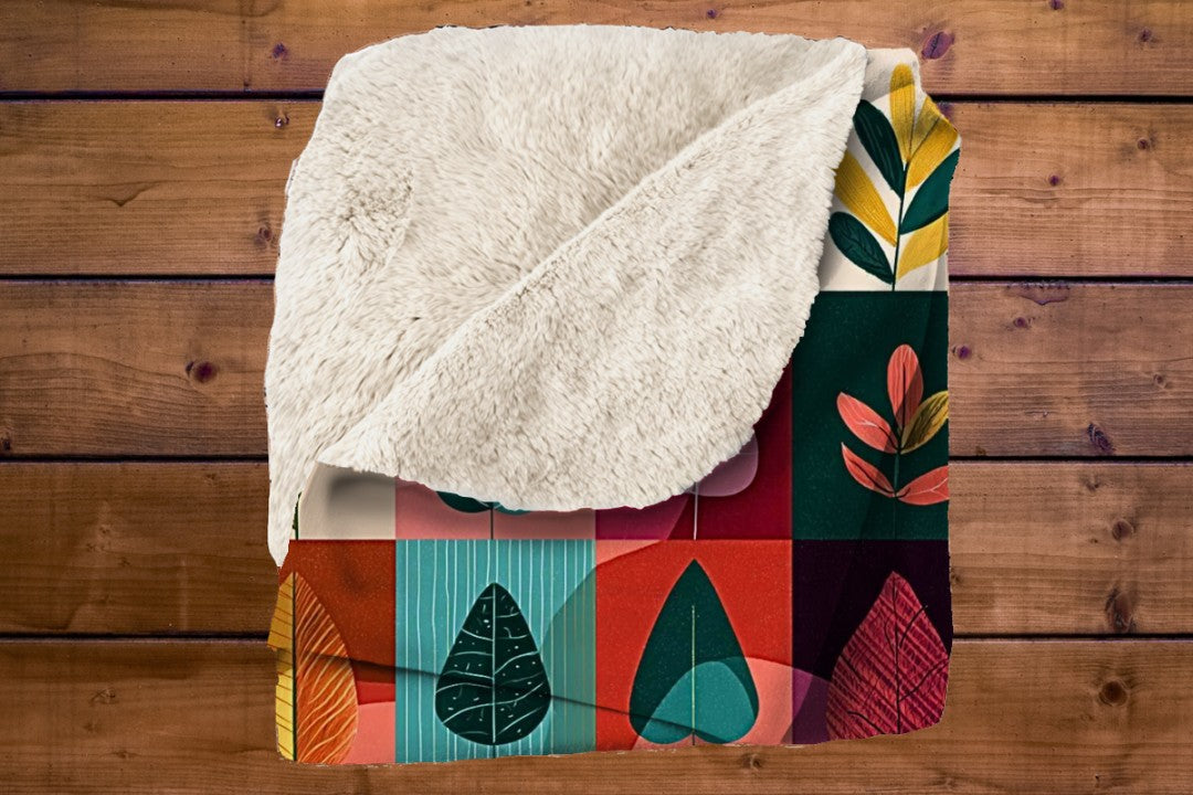 Colorful Leaf Sherpa Blanket, Modern Botanical Throw, Mid Century Cozy Blanket, Abstract Nature Decor