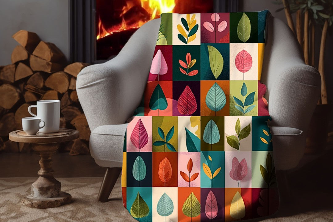Colorful Leaf Sherpa Blanket, Modern Botanical Throw, Mid Century Cozy Blanket, Abstract Nature Decor