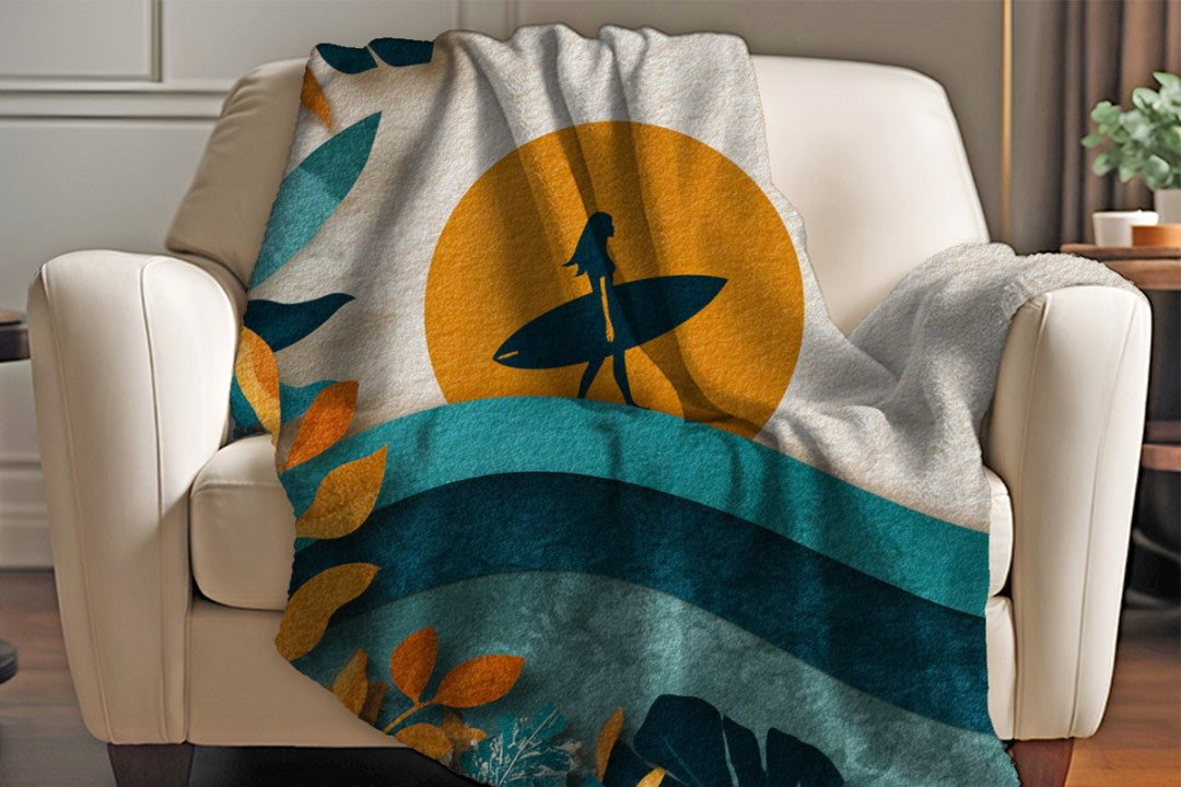 Retro Surf Art Blanket Boho Coastal Sunset Surfer Sherpa Throw