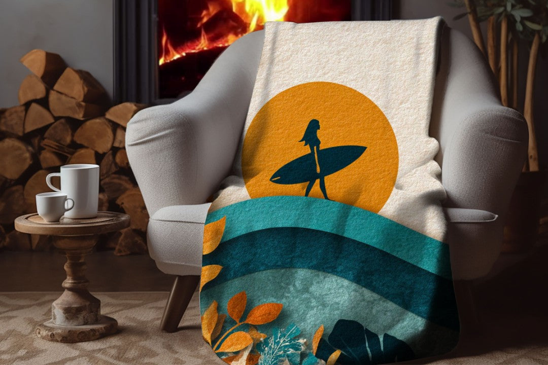 Retro Surf Art Blanket Boho Coastal Sunset Surfer Sherpa Throw