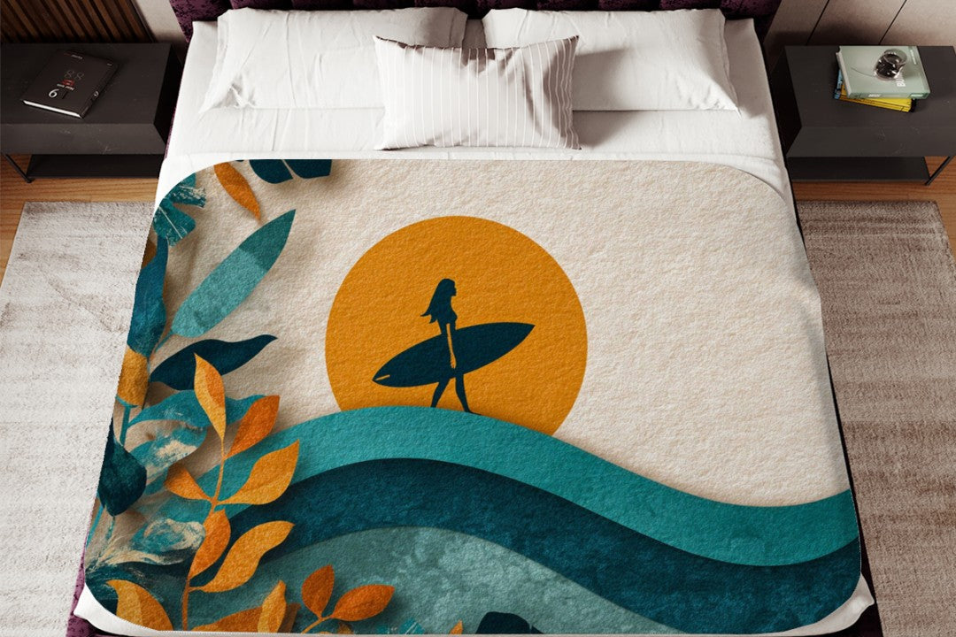 Retro Surf Art Blanket Boho Coastal Sunset Surfer Sherpa Throw