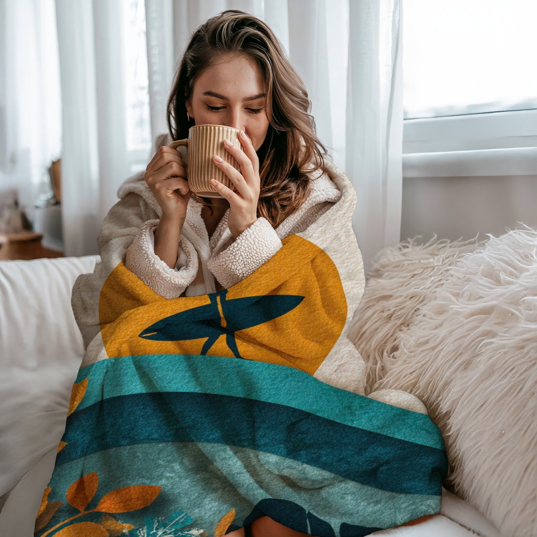 Retro Surf Art Blanket Boho Coastal Sunset Surfer Sherpa Throw