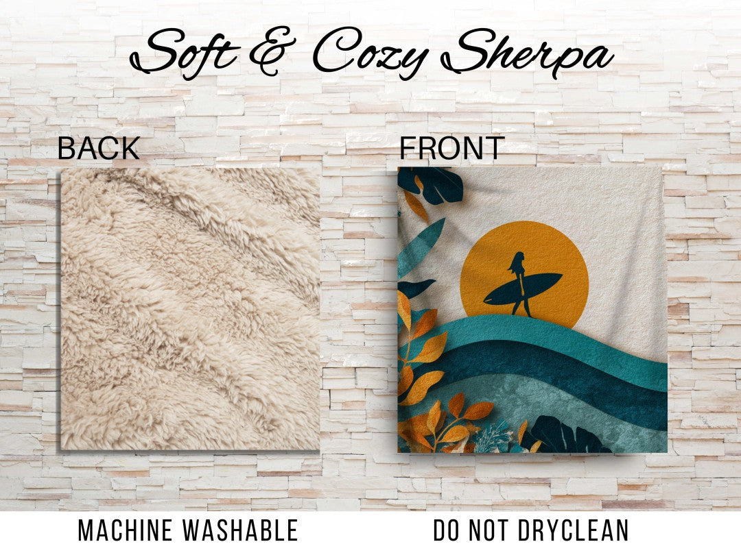 Retro Surf Art Blanket Boho Coastal Sunset Surfer Sherpa Throw