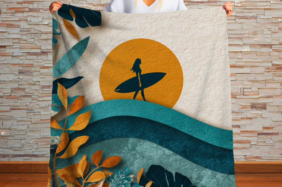 Retro Surf Art Blanket Boho Coastal Sunset Surfer Sherpa Throw