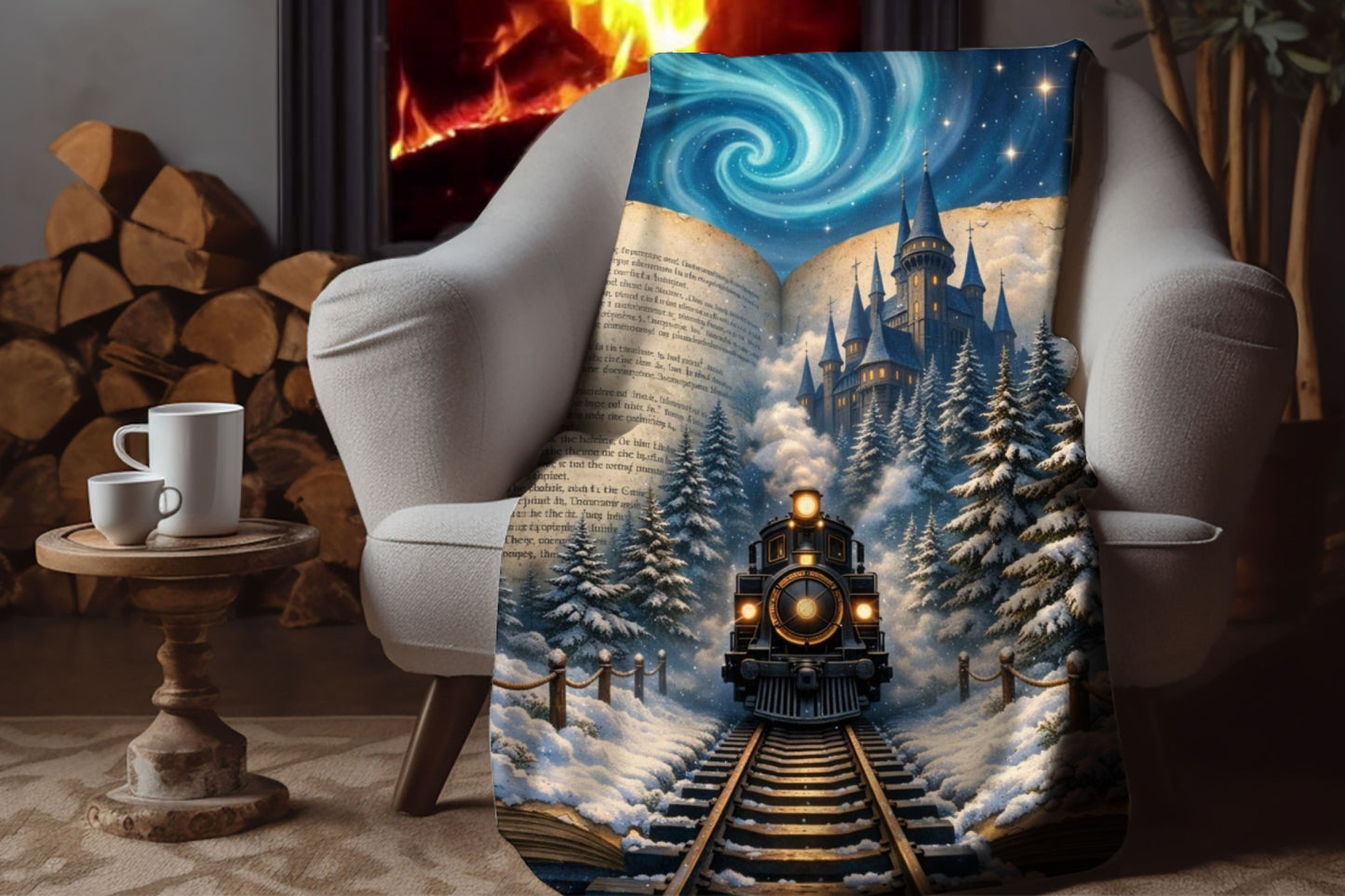 Magical Storybook Train Sherpa Blanket, Winter Fantasy Book Art Throw, Cozy Reading Nook Gift, Whimsical Night, Fairytale Train Blanket