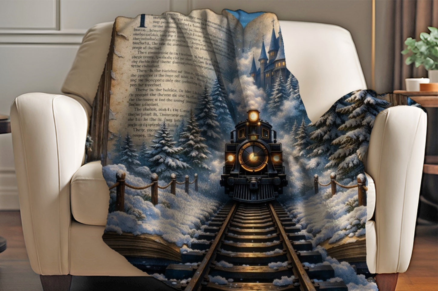 Magical Storybook Train Sherpa Blanket, Winter Fantasy Book Art Throw, Cozy Reading Nook Gift, Whimsical Night, Fairytale Train Blanket