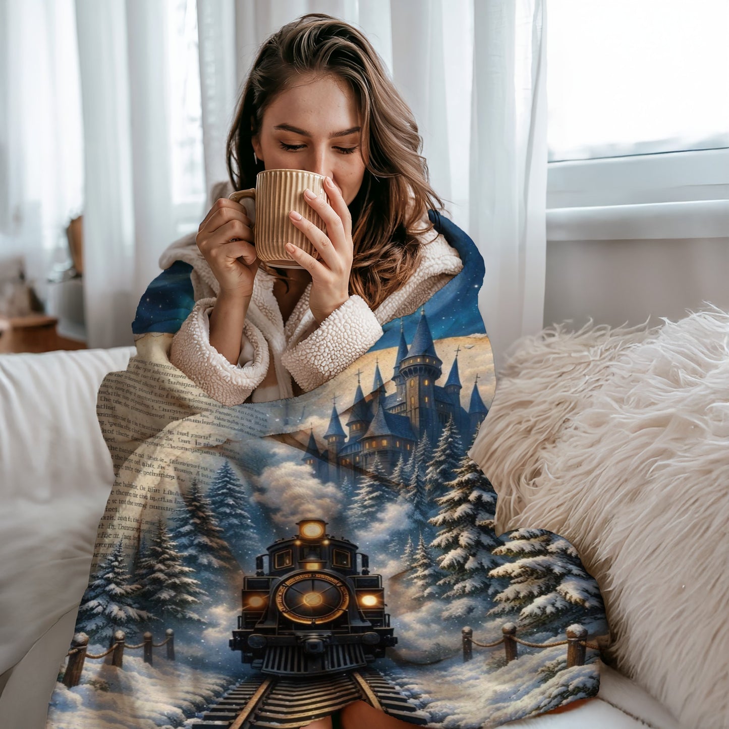 Magical Storybook Train Sherpa Blanket, Winter Fantasy Book Art Throw, Cozy Reading Nook Gift, Whimsical Night, Fairytale Train Blanket