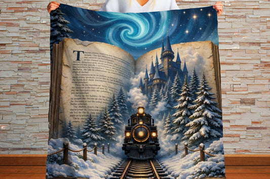 Magical Storybook Train Sherpa Blanket, Winter Fantasy Book Art Throw, Cozy Reading Nook Gift, Whimsical Night, Fairytale Train Blanket