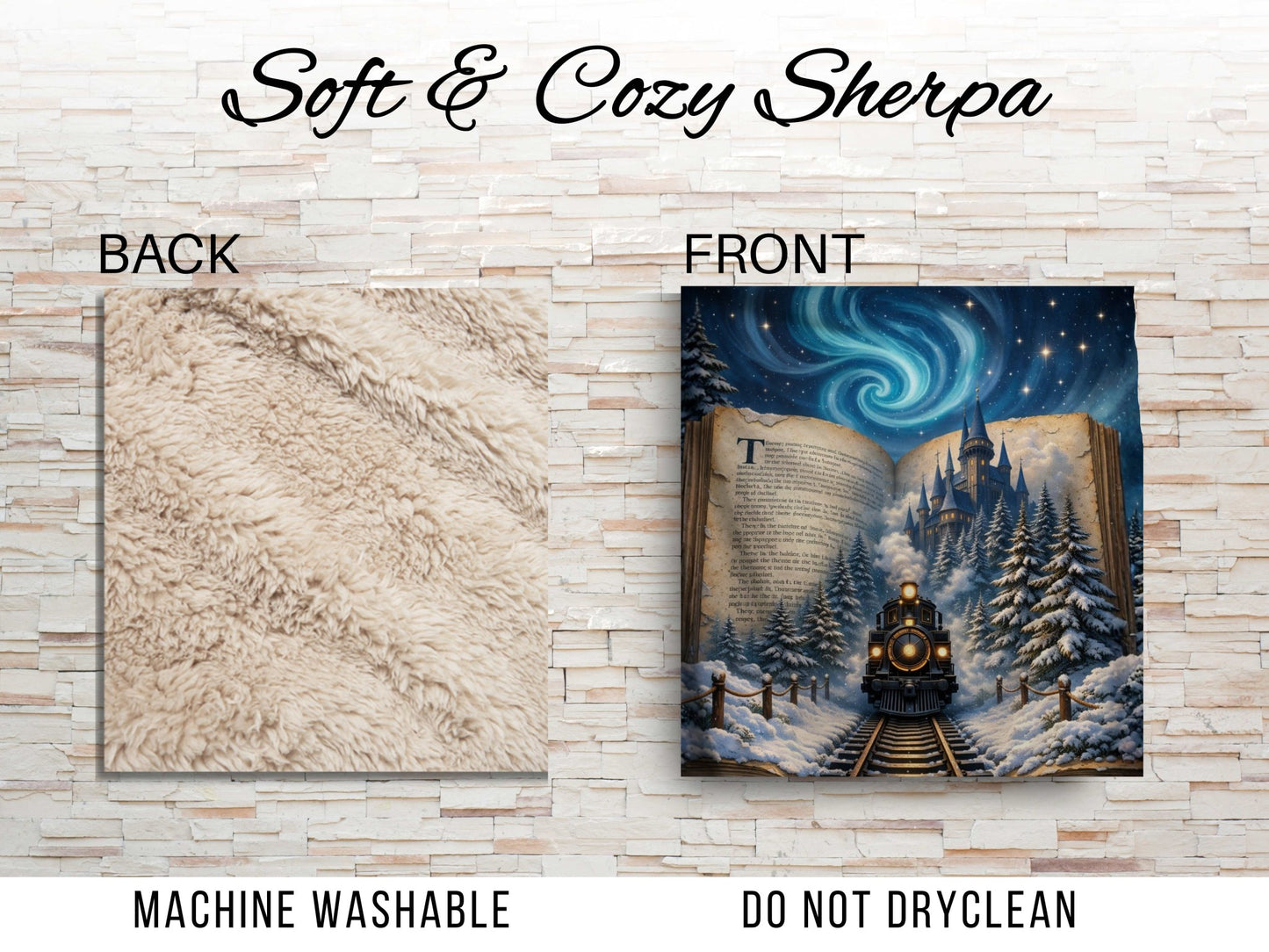 Magical Storybook Train Sherpa Blanket, Winter Fantasy Book Art Throw, Cozy Reading Nook Gift, Whimsical Night, Fairytale Train Blanket