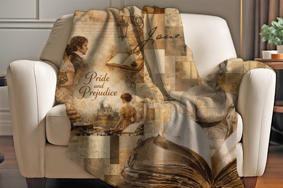 Pride and Prejudice Blanket, Jane Austen Literary Sherpa Throw, Vintage Book Collage Cozy Reading Blanket, Classic Literature Gift