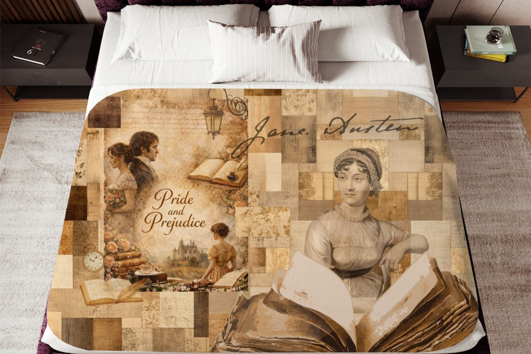 Pride and Prejudice Blanket, Jane Austen Literary Sherpa Throw, Vintage Book Collage Cozy Reading Blanket, Classic Literature Gift