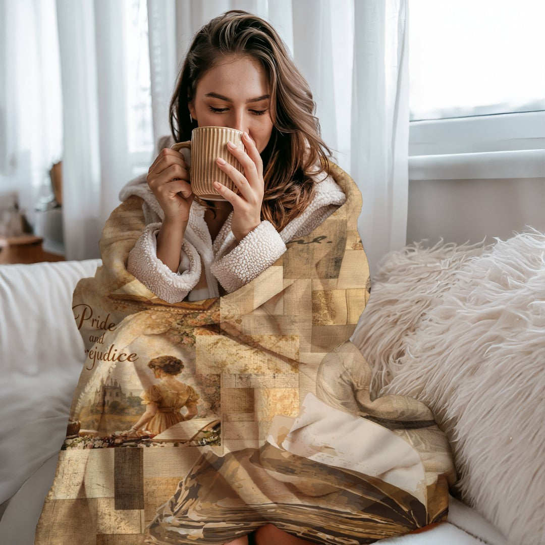 Pride and Prejudice Blanket, Jane Austen Literary Sherpa Throw, Vintage Book Collage Cozy Reading Blanket, Classic Literature Gift