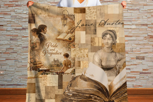 Pride and Prejudice Blanket, Jane Austen Literary Sherpa Throw, Vintage Book Collage Cozy Reading Blanket, Classic Literature Gift