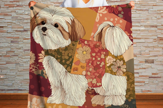 Shih Tzu Patchwork Blanket, Cozy Dog Throw, Autumn Cottagecore Sherpa Blanket