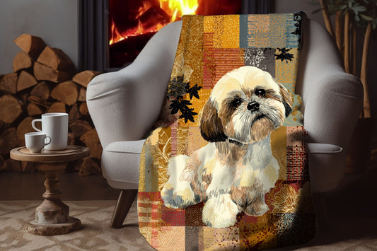 Shih Tzu Patchwork Blanket, Cozy Dog Throw, Autumn Cottagecore Sherpa Blanket