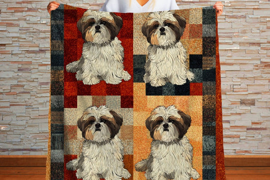 Shih Tzu Patchwork Blanket, Cozy Dog Throw, Autumn Cottagecore Sherpa Blanket